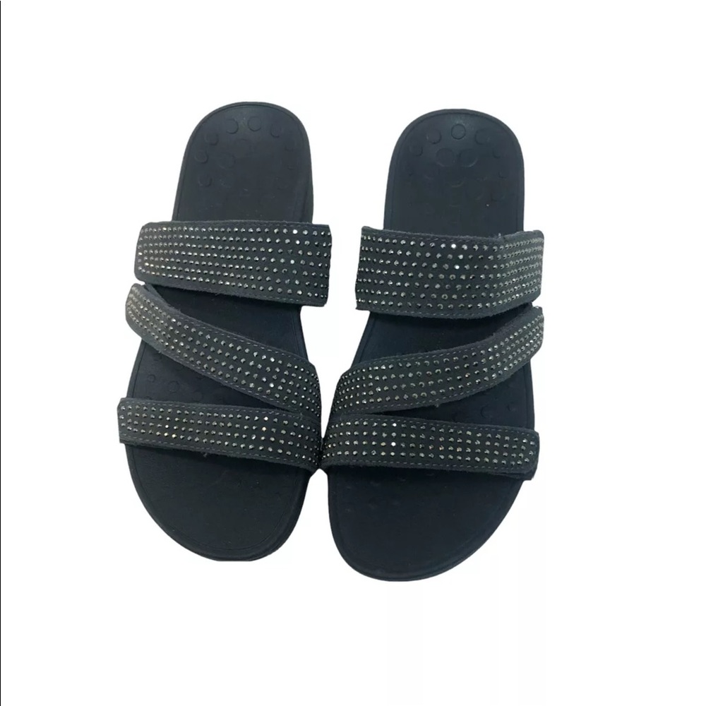 Vionic Pacific Alexis Gray w/ Rhinestone Strap Wedge Slide Sandals Women's 7
